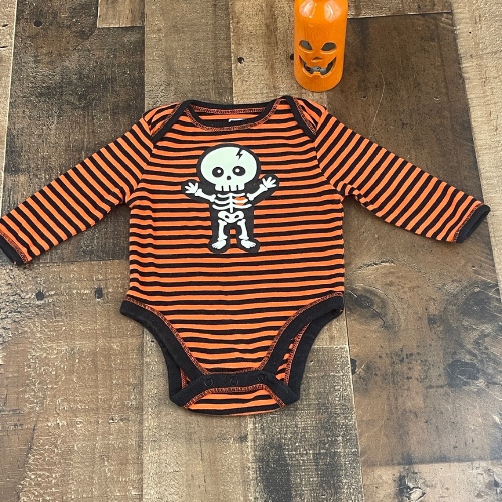 Old Navy Orange Black Striped Skeleton Long Sleeve Onesie